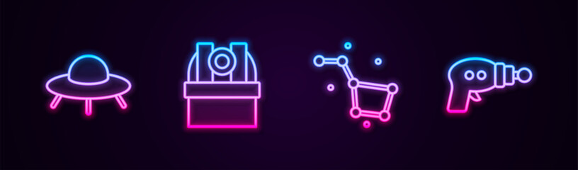 Set line UFO flying spaceship, Astronomical observatory, Great Bear constellation and Ray gun. Glowing neon icon. Vector