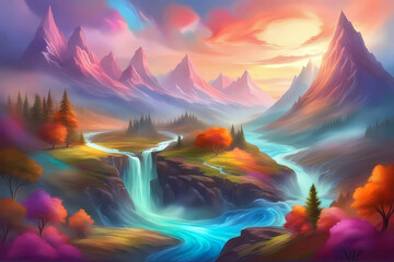 Dreamy landscape with tall mountains, river, valley and colorful trees.
