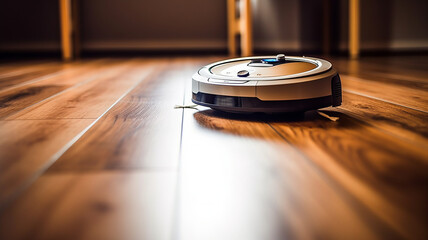 photograph of a Robot vacuum cleaner on hardwood floor at home.