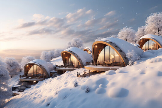 modern mountain huts  snow covered in winter