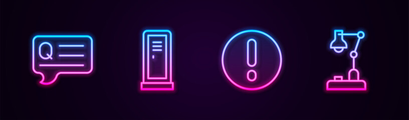 Set line Speech bubbles with Question, Locker or changing room, and Exclamation and Table lamp. Glowing neon icon. Vector