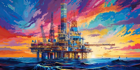 AI Generated. AI Generative. Sea ocean nautical marine offshore drilling oil gas platform station. Oil drawing painting style business industry illustration - obrazy, fototapety, plakaty