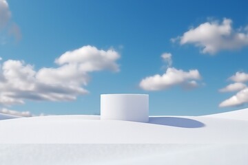 Minimal product background for Christmas and winter holiday concept. White podium and snow drifts on blue sky. 3d rendering. generative ai. 