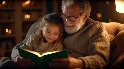 Fototapeta premium Cute little girl granddaughter reading book with positive senior grandfather Generative AI.