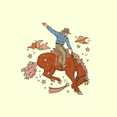 cowboy riding horse, cosmic concept.