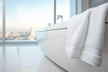 Obraz na płótnie Canvas Modern luxury white bathroom with white towel on table in background of bath tab and beautiful sunlight. Clean and health relaxation concept.