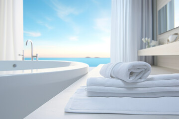 Modern luxury white bathroom with white towel on table in background of bath tab and beautiful sunlight. Clean and health relaxation concept. - obrazy, fototapety, plakaty