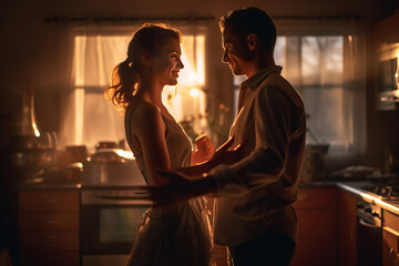 Romantic senior family couple wife and husband dancing to music together in living room.generative ai