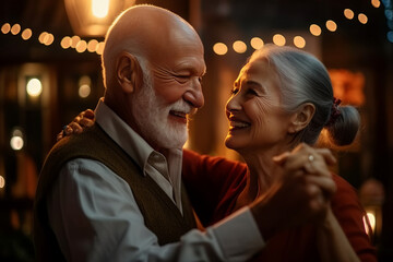 Romantic senior family couple wife and husband dancing to music together in living room.generative ai