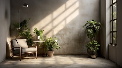 Fototapeta na wymiar Industrial Elegance in a Sunlit Room with Plants, Vray Tracing, and Cement Accents, Armchair
