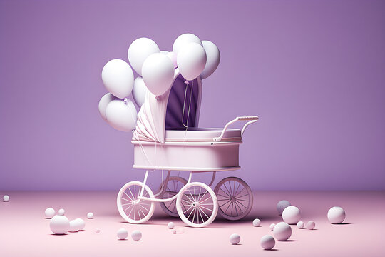Retro baby carriage and ballons in  purple  colors in 3d style, generate AI.