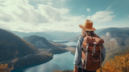 Lady traveler with rucksack holding cap and looking at astonishing mountains and timberland hunger for new experiences travel concept space for content climatic epic minute - obrazy, fototapety, plakaty