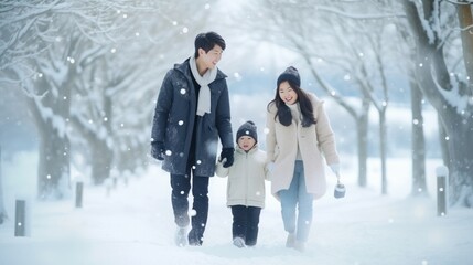 Fototapeta na wymiar Lovely asian family strolling together in scene cover with brilliant snow