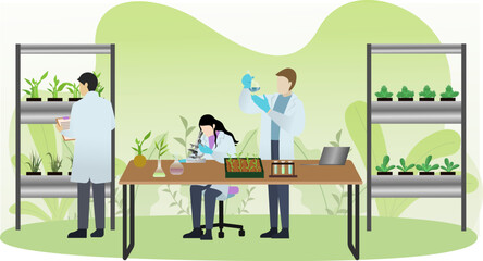 Plant scientists are doing research on plants with microscopes and test tubes, scientist checking plant growth process, Experimental scientist, laboratory assistant