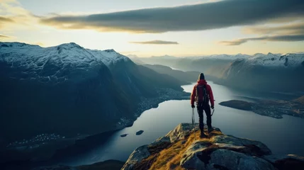 Fotobehang Man hiker climbing in mountains alone open air dynamic way of life travel experience excursions dusk Norway scene © Shabnam