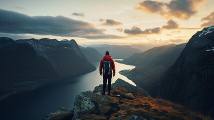 Man hiker climbing in mountains alone open air dynamic way of life travel experience excursions dusk Norway scene - obrazy, fototapety, plakaty