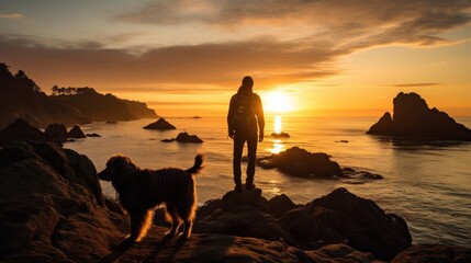 Man lady and pooch climb in Enormous Sur CA as the sun sets over the sea
