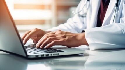 Medical professional focused on typing at a computer screen in a warm, softly lit office. Expertise and professionalism shown in healthcare workspace.