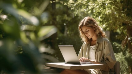 A woman, laptop in hand, sits on a park bench amidst nature. Focused and contemplative, she works outdoors, enjoying solitude and connectivity. Tranquility and productivity of remote work. - obrazy, fototapety, plakaty