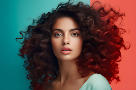 Colorful studio portrait of a young middle-eastern woman with big curly hair, Turquoise & Coral. Generative AI