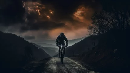 Poster Man on mountain bicycle rides on the path on a stormy nightfall © Shabnam