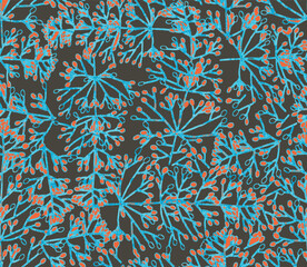 Hand Drawn botanical blooming wild flower retro mood seamless pattern in vector EPS10,Design for fashion,fabric,web,wallpaper,wrapping on vivid Orange color