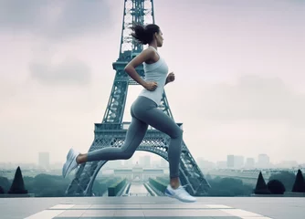  female jogging in Marathon for Games in Paris France. Woman Morning training running under Eiffel Tower in Paris, France. Generative Ai. © angellodeco