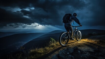 Man on mountain bicycle rides on the path on a stormy nightfall