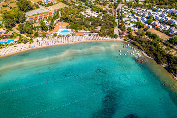 Karaincir Beach (Karaincir Bay) in Datca. Mugla, Turkey. Aerial view of beach with turquoise water. Drone shot.