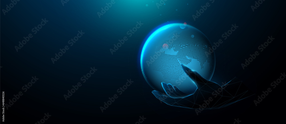 Poster hand holding global. connection concept. futuristic technology. lines, triangles, and particle style