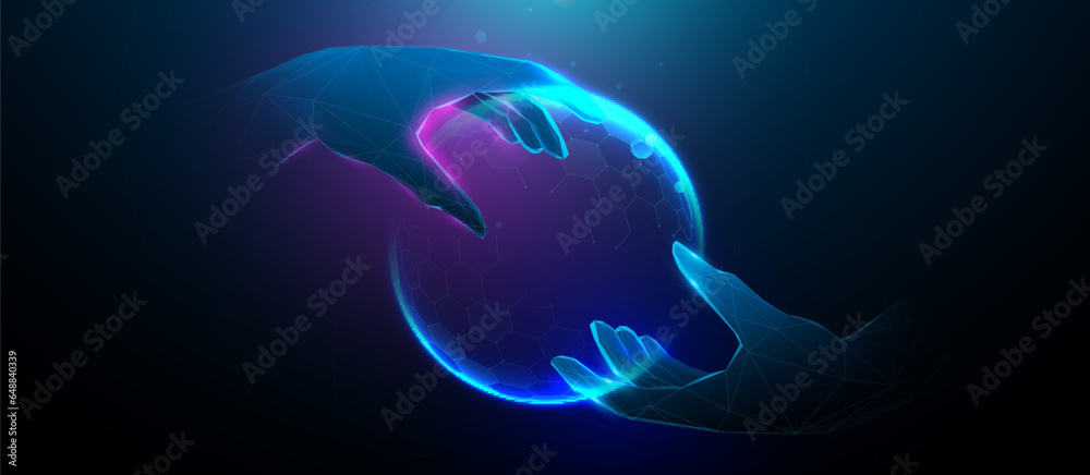 Poster Hands and touching the global connection concept. Futuristic technology. Lines, triangles, and particle style design. Illustration vector
