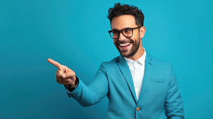 a man with black frame glasses wearing blue color office suit pointing his right index finger in front of blue background, smiling at pointed object - obrazy, fototapety, plakaty