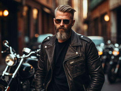 Portrait of a biker hipster guy in a leather suit.