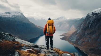 Man solo traveling hiker climbing in scandinavian mountains dynamic sound way of life experience travel excursions