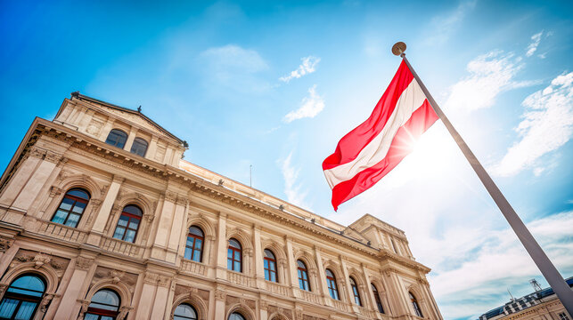 Austrian National Day. Austrian Flag Waving On Top Of A Building Against Blue Sky. Ai Generated
