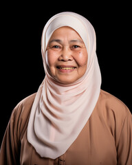 An elderly Muslim woman smiling, old age happiness concept, isolated on black background