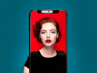 Portrait of a beautiful redhead girl on her smartphone with a green background