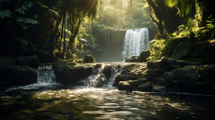 A cascading waterfall crashes into a serene pool, surrounded by lush greenery
