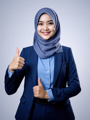Young Asian Muslim woman wearing navy suit showing thumbs up gesture isolated on white background
