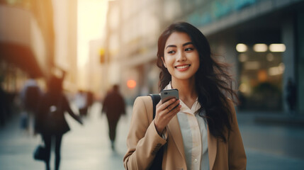 Young busy happy Asian business woman office professional holding cellphone in hands walking on big city urban street making corporate business call, talking on the cellular phone. Authentic shot 