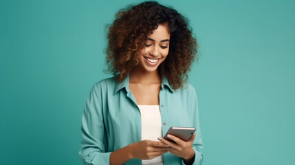 Young adult smiling happy pretty latin woman holding mobile phone looking at smartphone, typing message doing ecommerce shopping on cell, using trendy apps on cellphone isolated on blue background  - obrazy, fototapety, plakaty