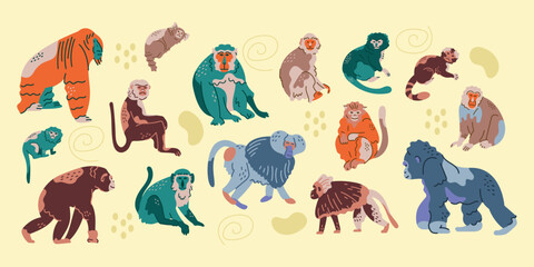 Hand drawn monkeys color concept. Children's characters.