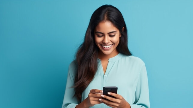 Young adult smiling happy pretty latin woman holding mobile phone looking at smartphone, typing message doing ecommerce shopping on cell, using trendy apps on cellphone isolated on blue background 