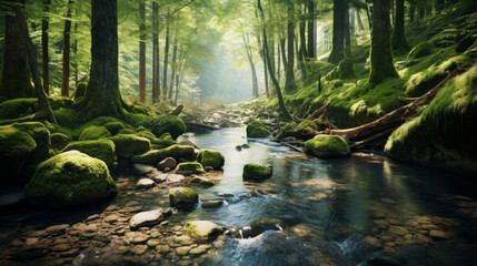 A clear stream flowing through a lush forest, showcasing the importance of intact watersheds