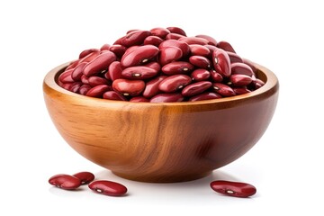 Red bean in wooden bowl isolated on white background.