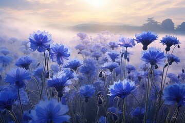 Blue cornflowers field in morning mist.