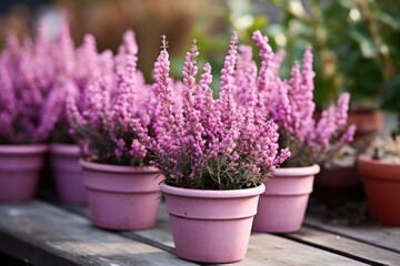 Fototapeta premium Decorative heather calluna in clay pots