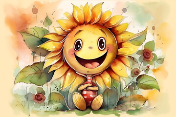 Fototapeta premium Watercolor illustration of a funny sunflower flower character
