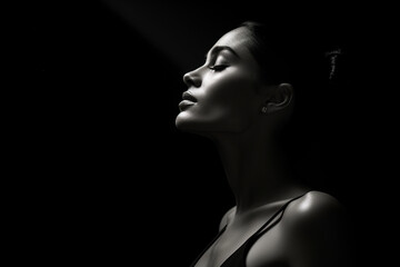 side view of dark portrait of a latin woman on black background, black and white