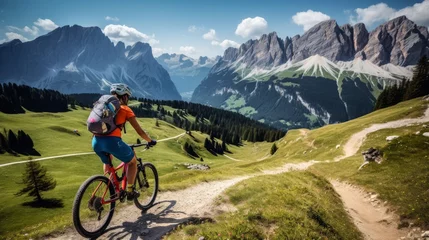 Rolgordijnen Mountain biking lady on bicycle Dolomites Italy © Shabnam